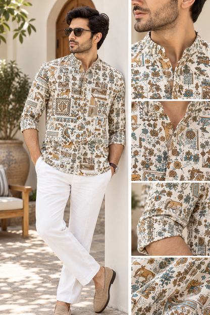 Natural Fab Men’s Cream Printed Short Kurta with Mandarin Collar, Animal & Floral Motifs