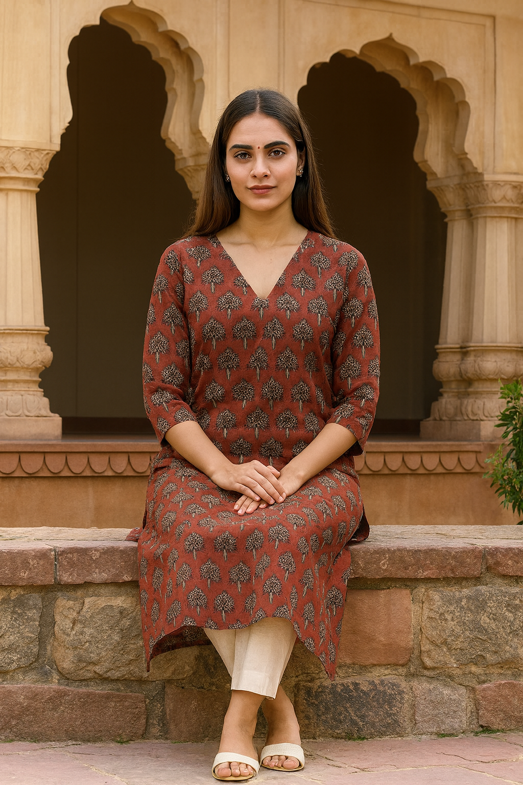 Rust Red Cotton Handblock Printed Kurti for Women – Elegant Ethnic Daily Wear