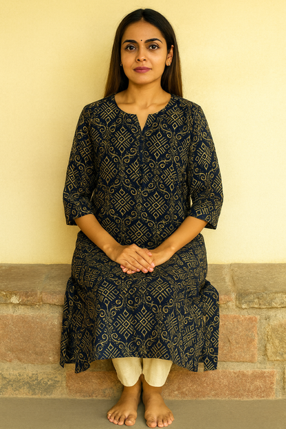 Navy Blue Cotton Printed Kurti for Women – Stylish Ethnic & Office Wear