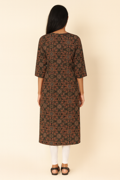Black & Rust Cotton Printed Kurti for Women – Elegant Handblock Style Daily Wear