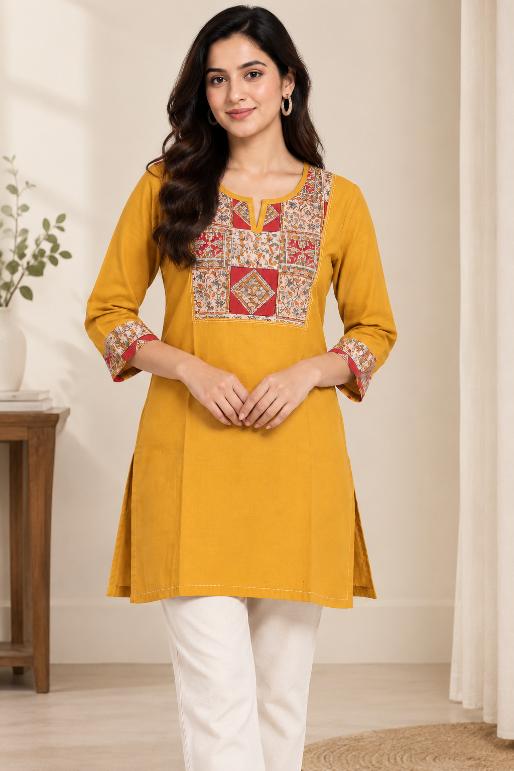Natural Fab Women’s Mustard Yellow 100% Cotton Short Kurti with Printed Yoke & 3/4 Sleeves