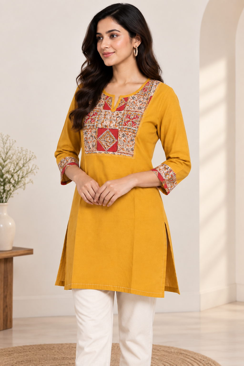 Natural Fab Women’s Mustard Yellow 100% Cotton Short Kurti with Printed Yoke & 3/4 Sleeves