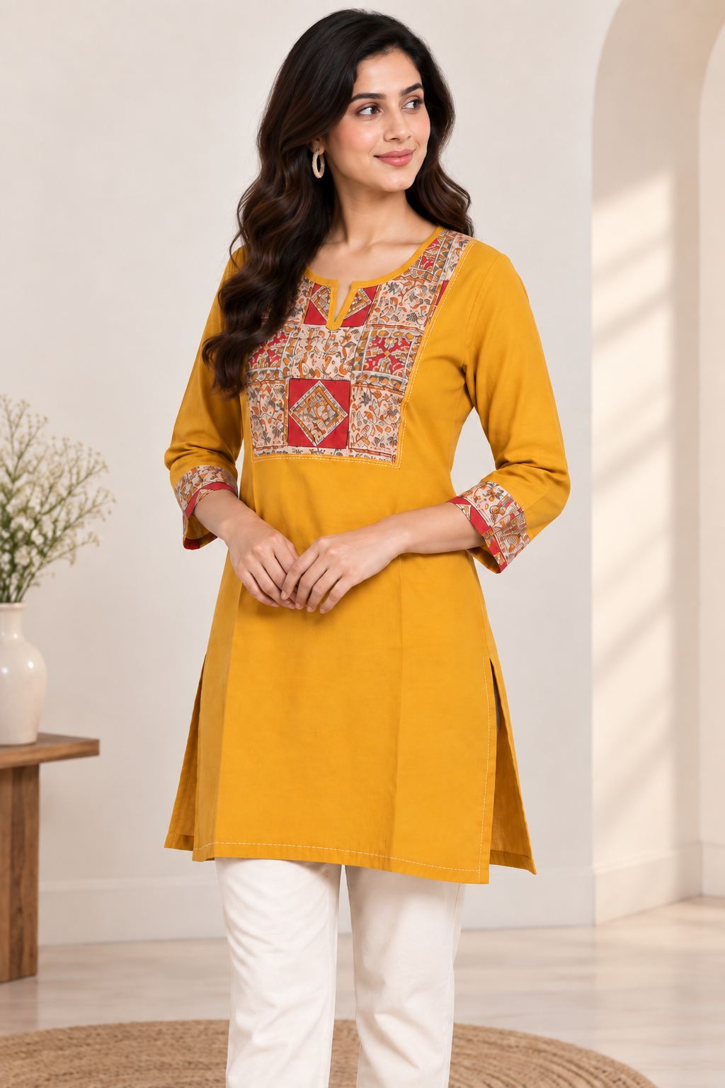 Natural Fab Women’s Mustard Yellow 100% Cotton Short Kurti with Printed Yoke & 3/4 Sleeves