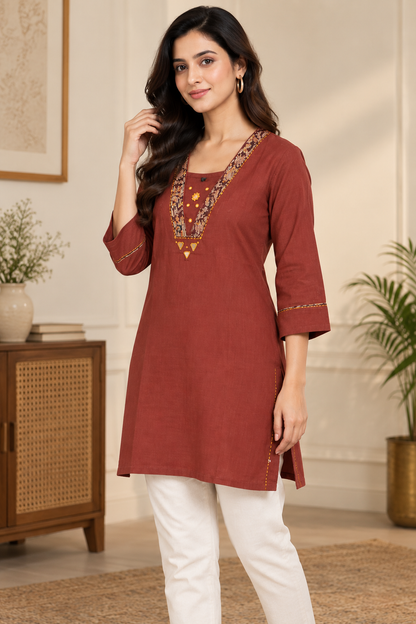 Natural Fab Women’s Rust Brown 100% Cotton Short Kurti with Printed Yoke & 3/4 Sleeves