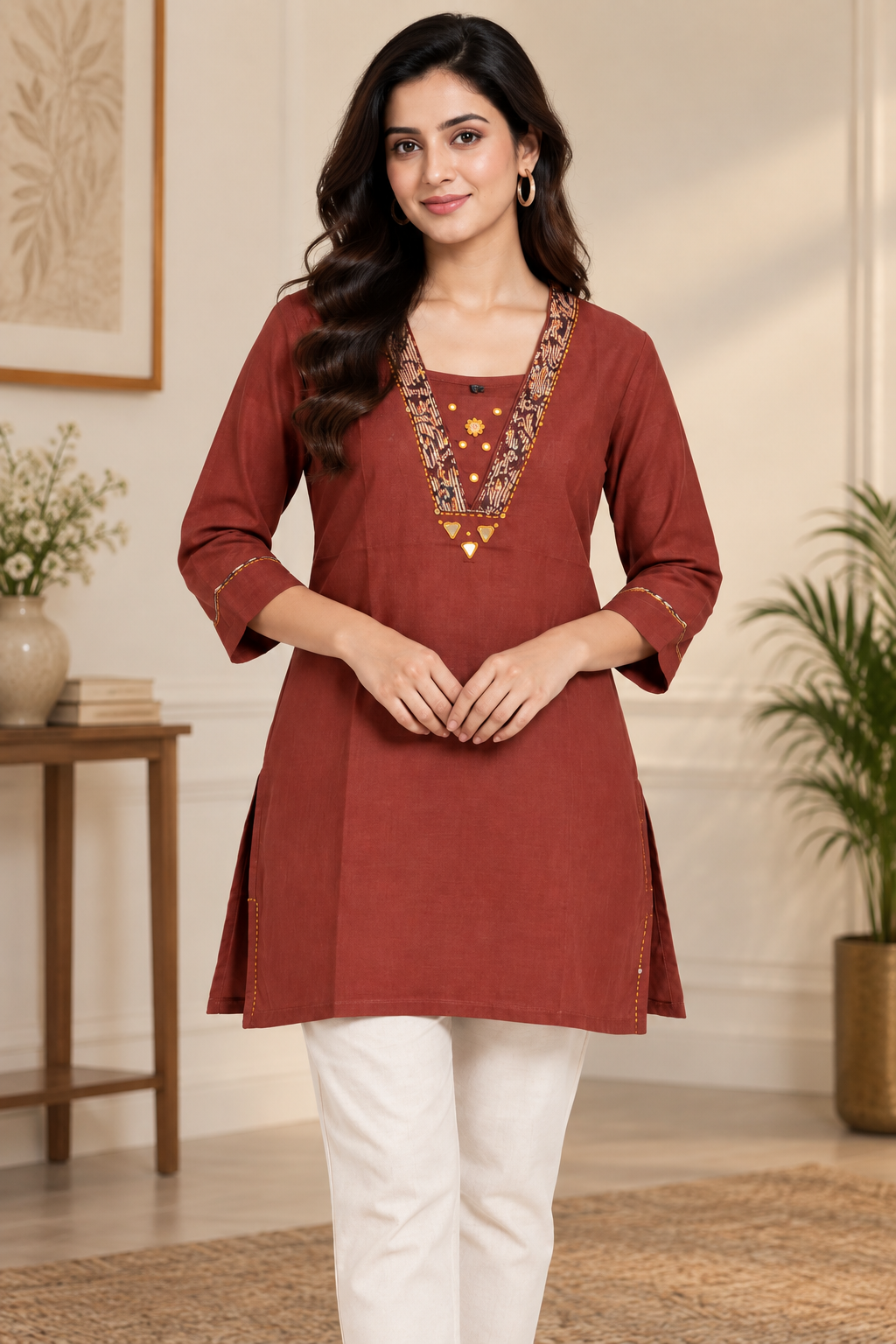 Natural Fab Women’s Rust Brown 100% Cotton Short Kurti with Printed Yoke & 3/4 Sleeves