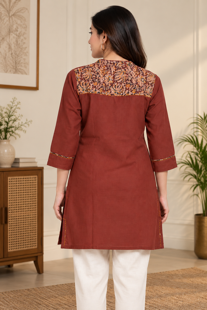 Natural Fab Women’s Rust Brown 100% Cotton Short Kurti with Printed Yoke & 3/4 Sleeves
