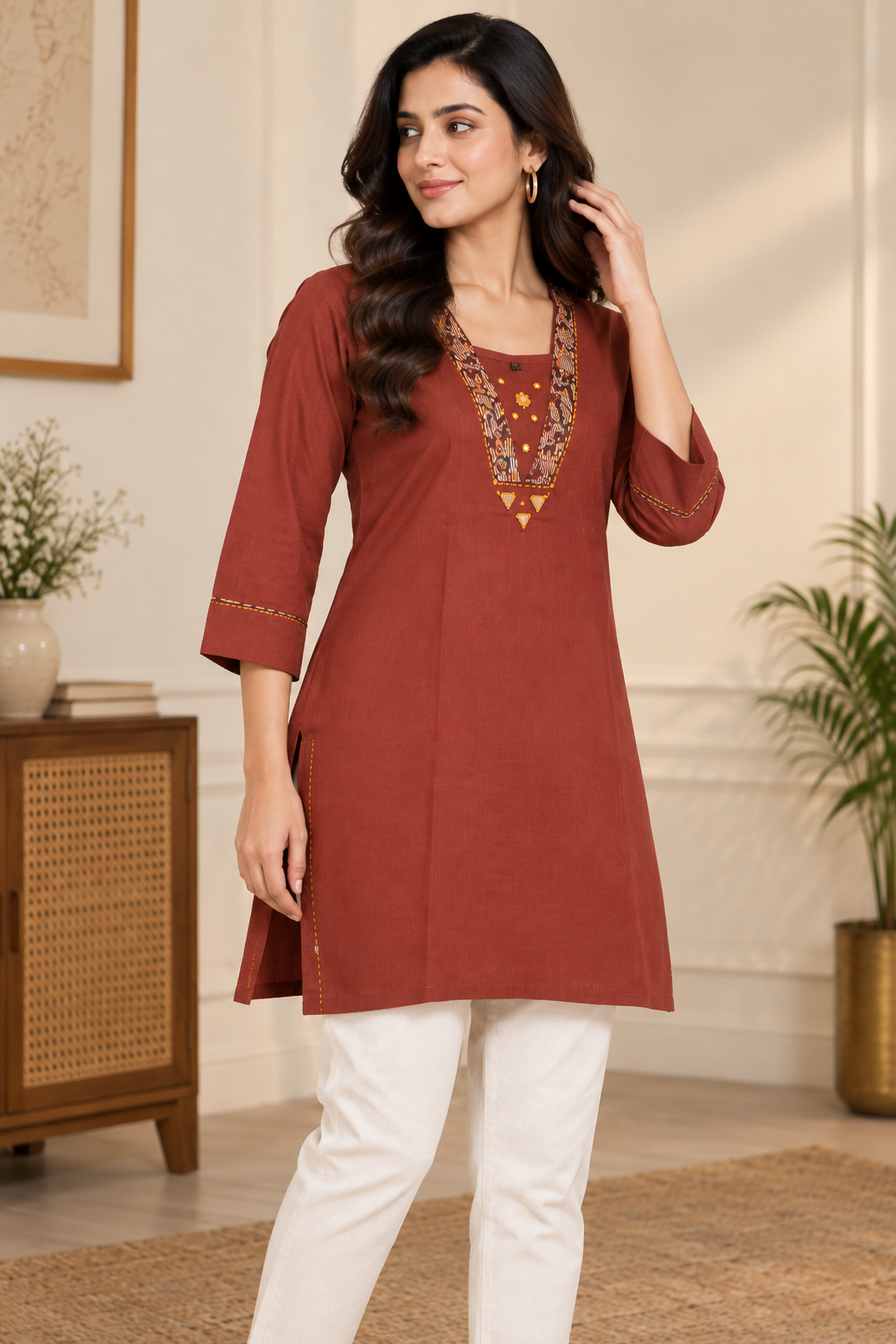Natural Fab Women’s Rust Brown 100% Cotton Short Kurti with Printed Yoke & 3/4 Sleeves