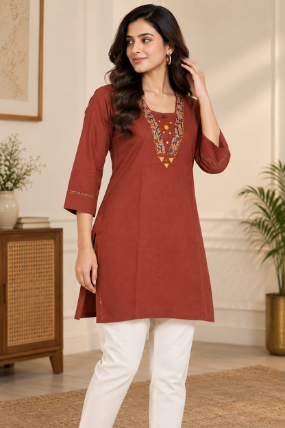 Natural Fab Women’s Rust Brown 100% Cotton Short Kurti with Printed Yoke & 3/4 Sleeves