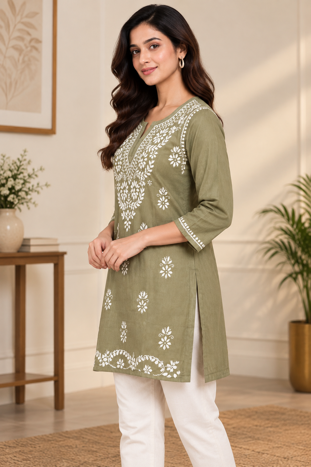 Natural Fab Women’s Olive Green 100% Cotton Chikankari Short Kurti with 3/4 Sleeves