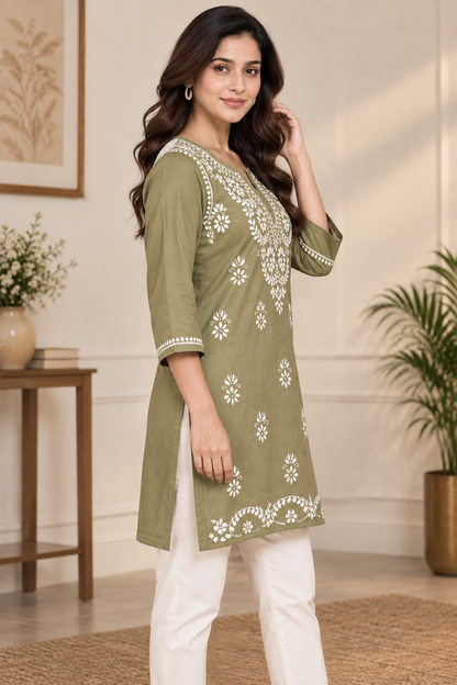 Natural Fab Women’s Olive Green 100% Cotton Chikankari Short Kurti with 3/4 Sleeves