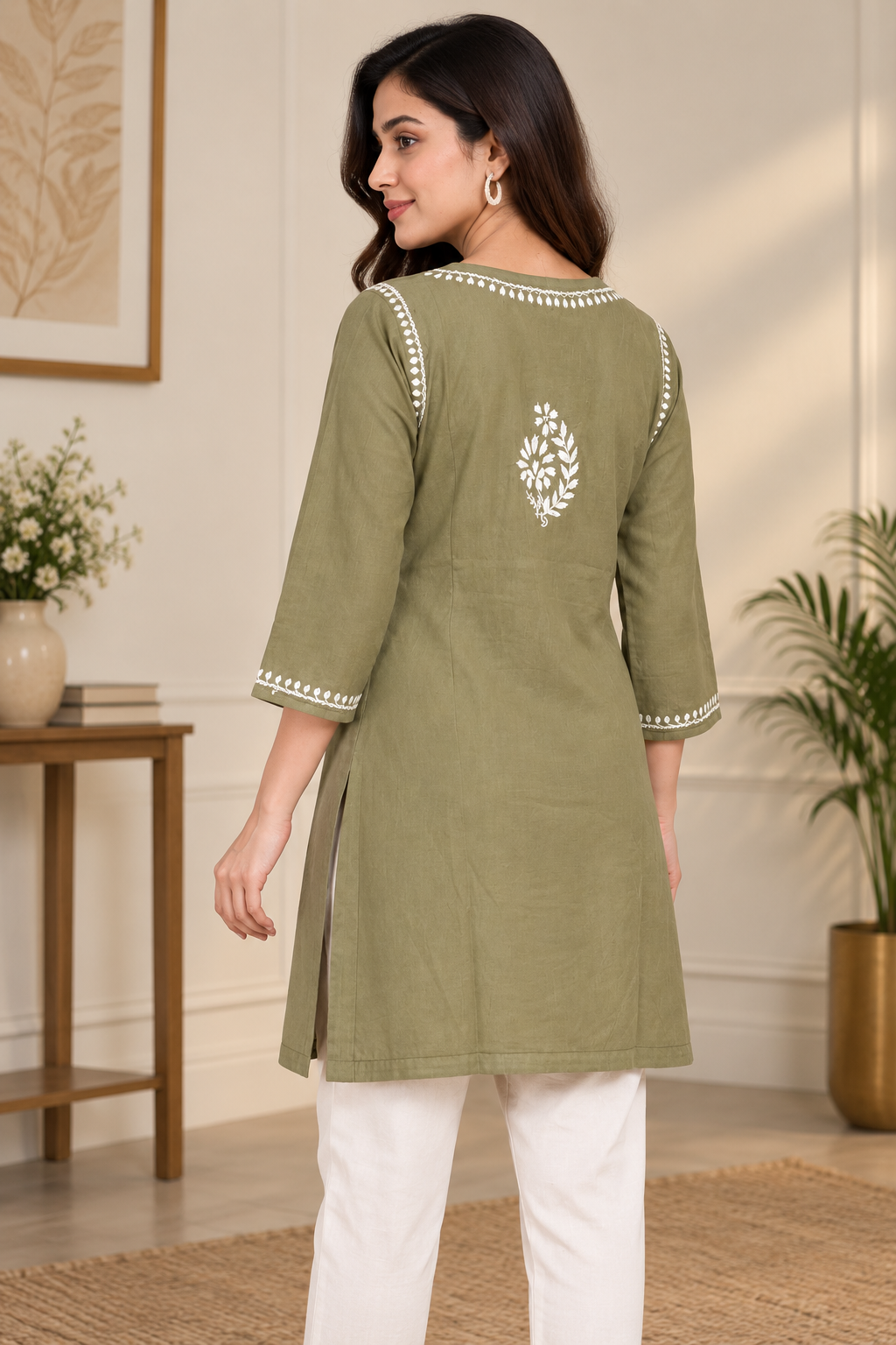 Natural Fab Women’s Olive Green 100% Cotton Chikankari Short Kurti with 3/4 Sleeves
