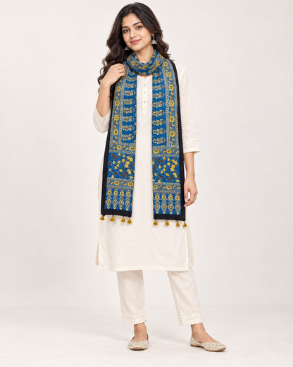 Naturalfab Women’s Blue Ajrakh Pure Modal Silk Stole with Floral Border & Tassels