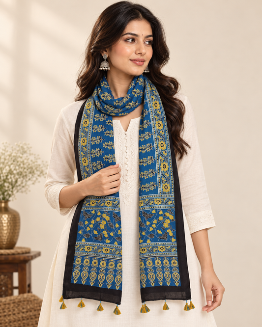 Naturalfab Women’s Blue Ajrakh Pure Modal Silk Stole with Floral Border & Tassels