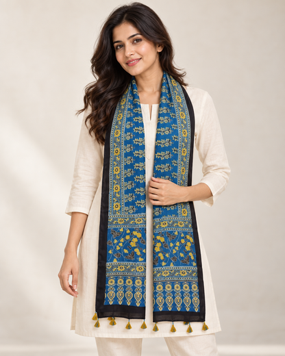 Naturalfab Women’s Blue Ajrakh Pure Modal Silk Stole with Floral Border & Tassels