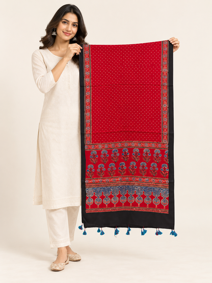 Natural Fab Women’s Pure Modal Silk Ajrakh Stole – Red & Black Traditional Printed Stole with Tassels