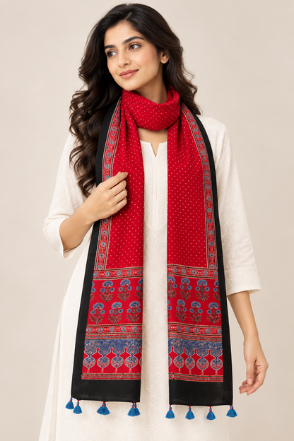 Natural Fab Women’s Pure Modal Silk Ajrakh Stole – Red & Black Traditional Printed Stole with Tassels