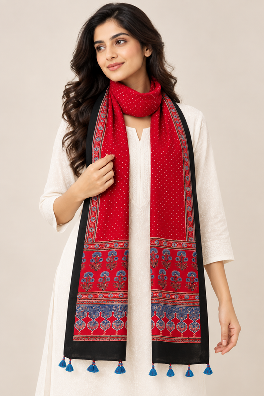 Natural Fab Women’s Pure Modal Silk Ajrakh Stole – Red & Black Traditional Printed Stole with Tassels