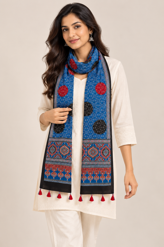 Naturalfab Women’s Blue Ajrakh Pure Modal Silk Stole with Circular Motifs & Tassels