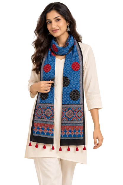 Naturalfab Women’s Blue Ajrakh Pure Modal Silk Stole with Circular Motifs & Tassels