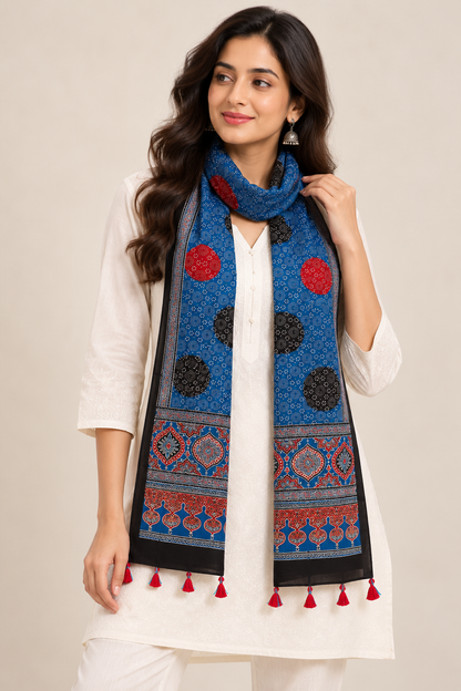Naturalfab Women’s Blue Ajrakh Pure Modal Silk Stole with Circular Motifs & Tassels