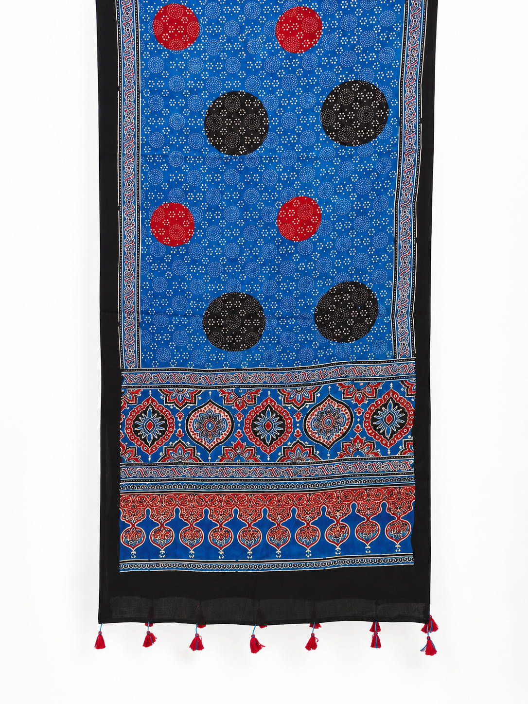 Naturalfab Women’s Blue Ajrakh Pure Modal Silk Stole with Circular Motifs & Tassels