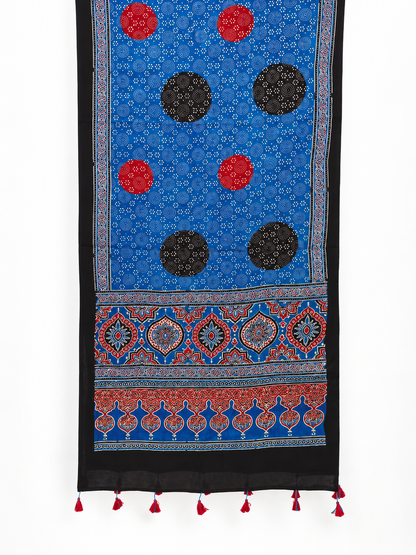 Naturalfab Women’s Blue Ajrakh Pure Modal Silk Stole with Circular Motifs & Tassels
