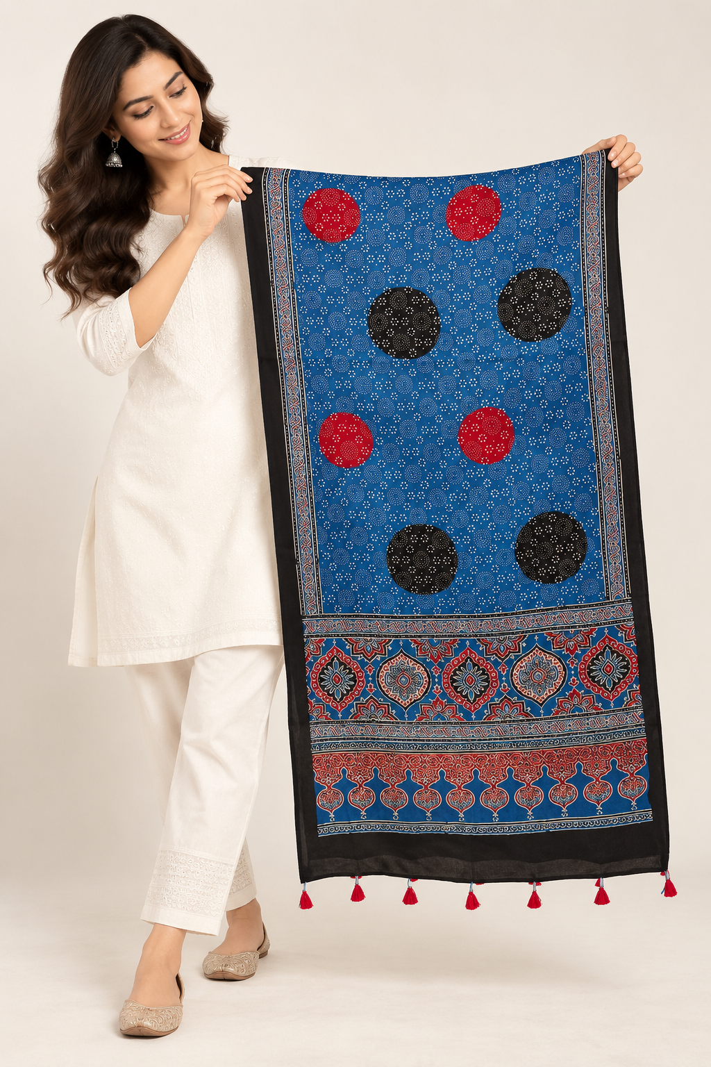 Naturalfab Women’s Blue Ajrakh Pure Modal Silk Stole with Circular Motifs & Tassels