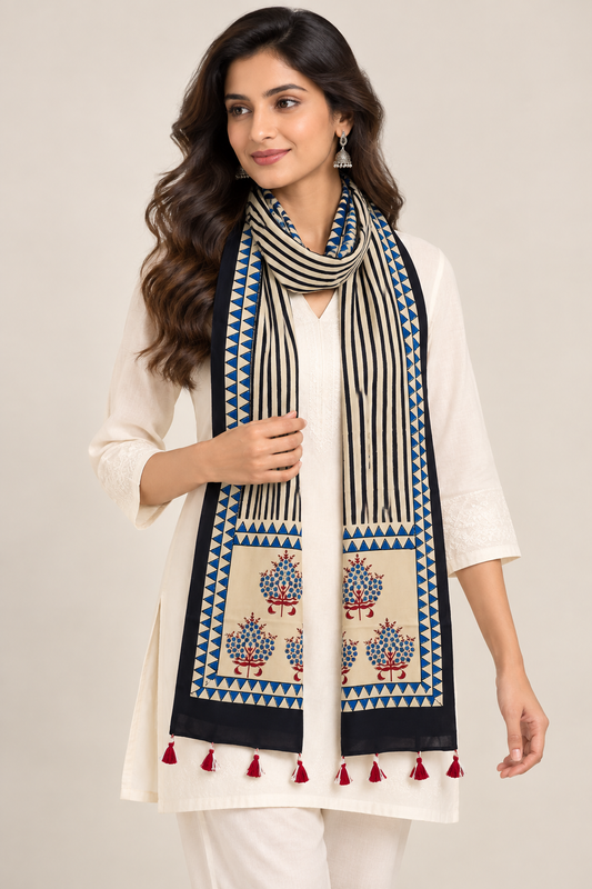 Naturalfab Women’s Beige & Indigo Ajrakh Pure Modal Silk Stole with Tassels