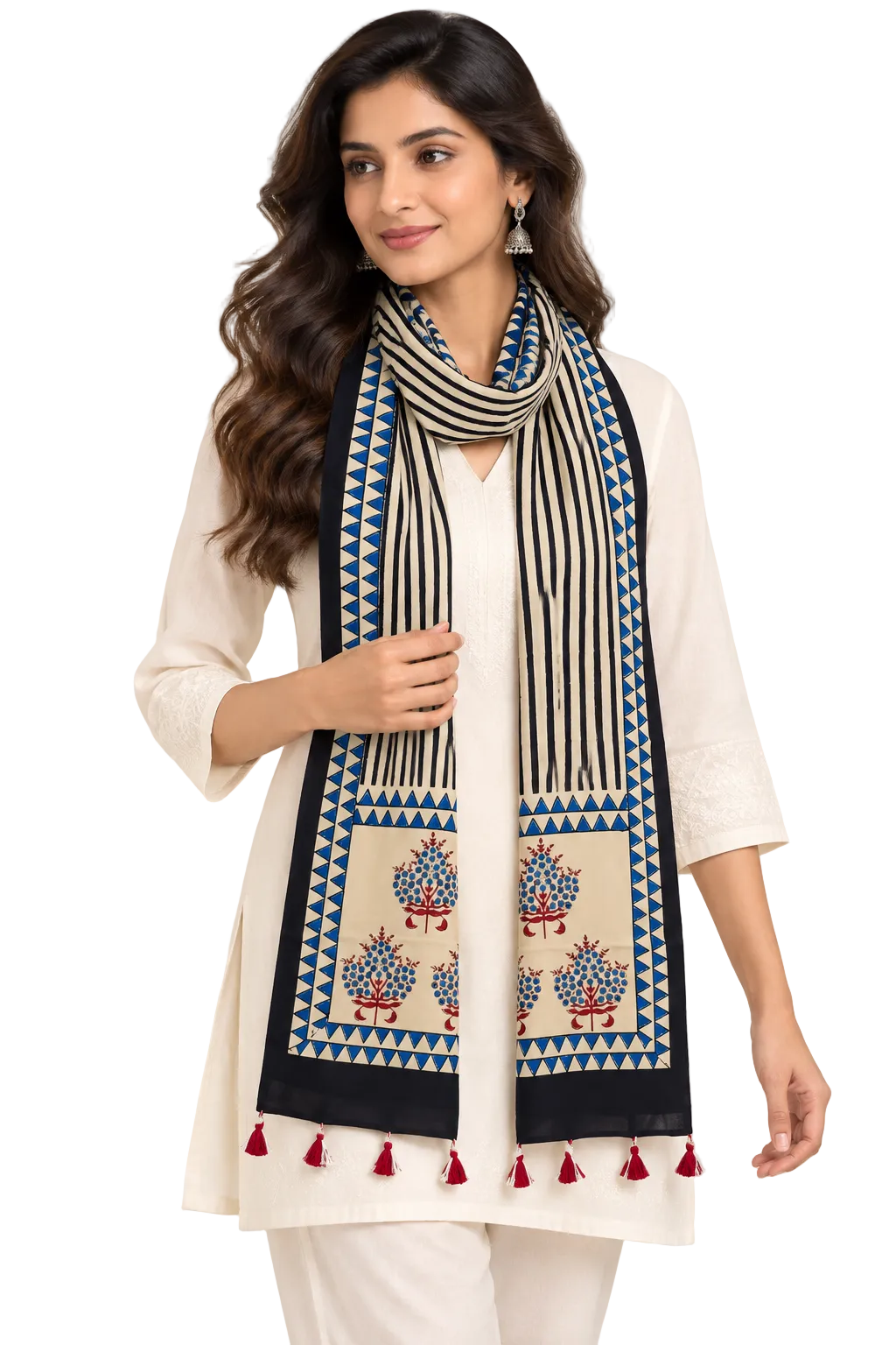 Naturalfab Women’s Beige & Indigo Ajrakh Pure Modal Silk Stole with Tassels