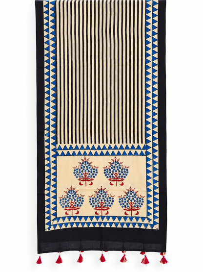 Naturalfab Women’s Beige & Indigo Ajrakh Pure Modal Silk Stole with Tassels