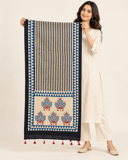 Naturalfab Women’s Beige & Indigo Ajrakh Pure Modal Silk Stole with Tassels