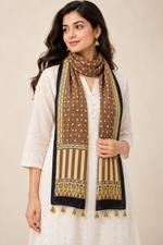Naturalfab Women’s Pure Modal Silk Ajrakh Stole – Taupe Brown Polka Dot & Striped Stole with Tassels