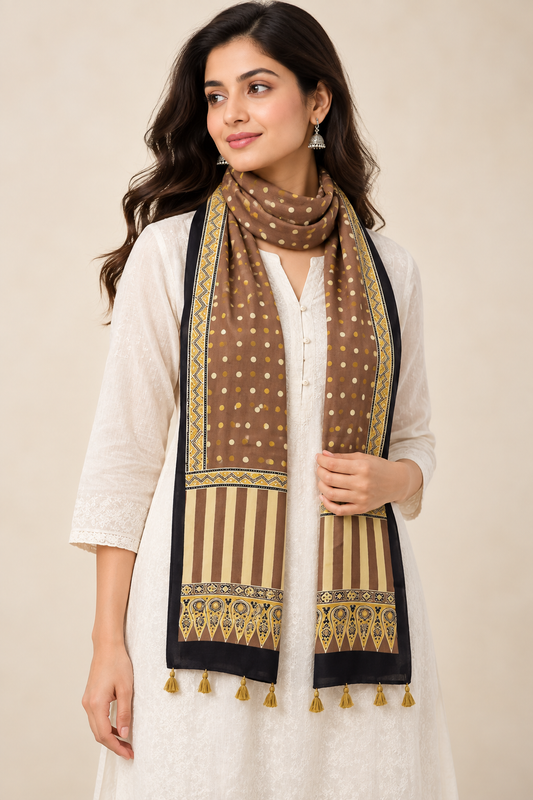 Naturalfab Women’s Pure Modal Silk Ajrakh Stole – Taupe Brown Polka Dot & Striped Stole with Tassels