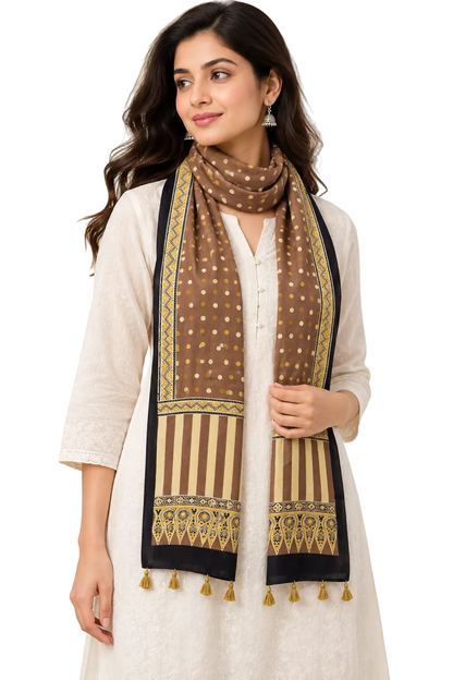 Naturalfab Women’s Pure Modal Silk Ajrakh Stole – Taupe Brown Polka Dot & Striped Stole with Tassels