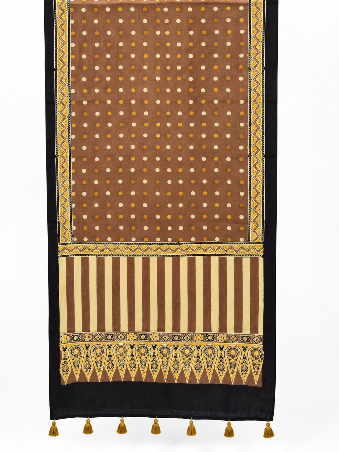Naturalfab Women’s Pure Modal Silk Ajrakh Stole – Taupe Brown Polka Dot & Striped Stole with Tassels