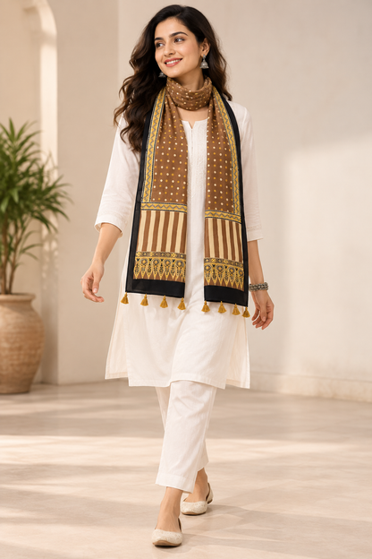 Naturalfab Women’s Pure Modal Silk Ajrakh Stole – Taupe Brown Polka Dot & Striped Stole with Tassels