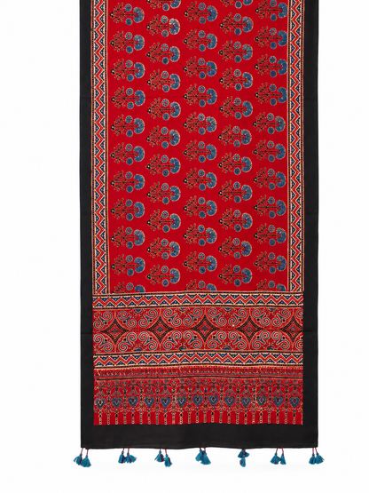 Naturalfab Women’s Red Floral Ajrakh Pure Modal Silk Stole with Tassels