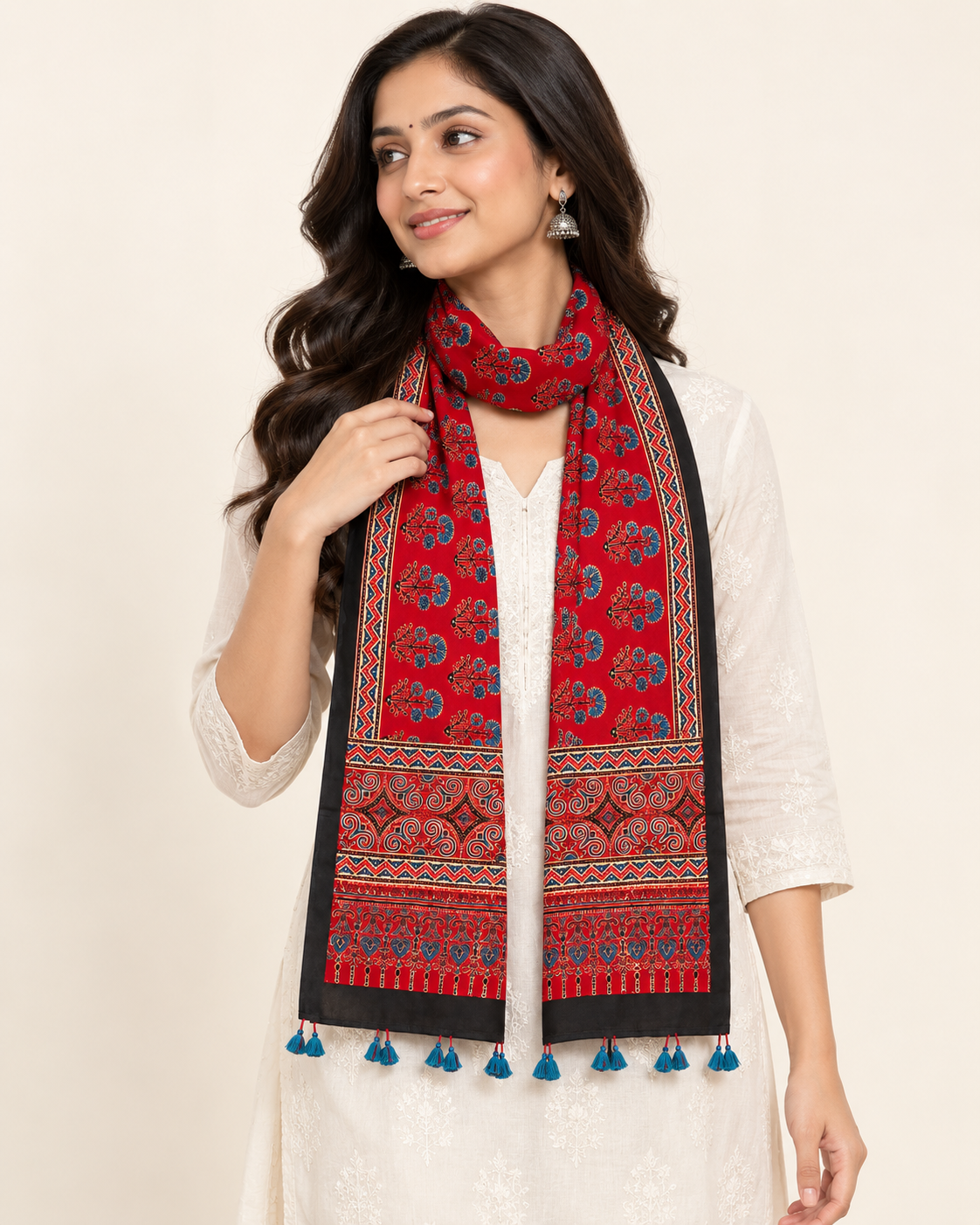 Naturalfab Women’s Red Floral Ajrakh Pure Modal Silk Stole with Tassels