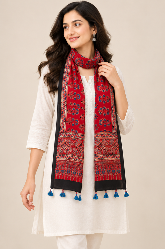 Naturalfab Women’s Red Floral Ajrakh Pure Modal Silk Stole with Tassels