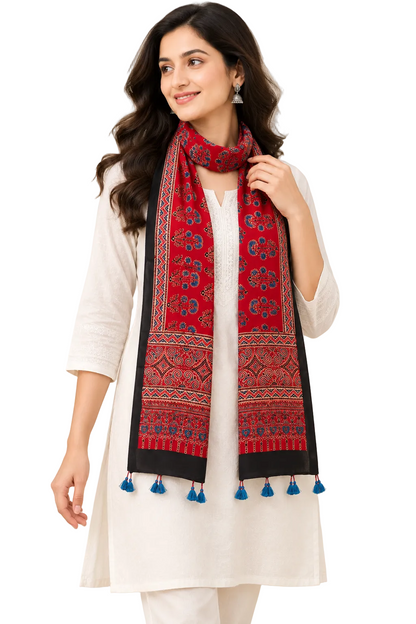 Naturalfab Women’s Red Floral Ajrakh Pure Modal Silk Stole with Tassels