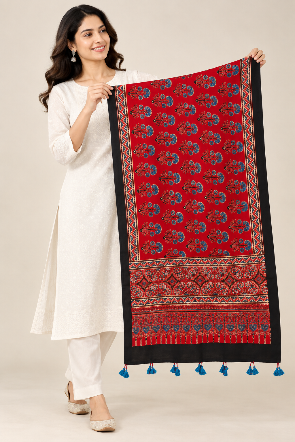 Naturalfab Women’s Red Floral Ajrakh Pure Modal Silk Stole with Tassels