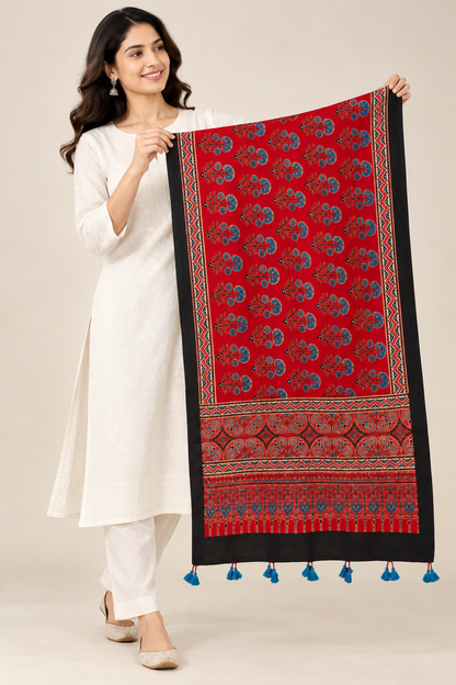 Naturalfab Women’s Red Floral Ajrakh Pure Modal Silk Stole with Tassels