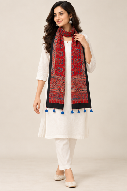 Naturalfab Women’s Red Floral Ajrakh Pure Modal Silk Stole with Tassels