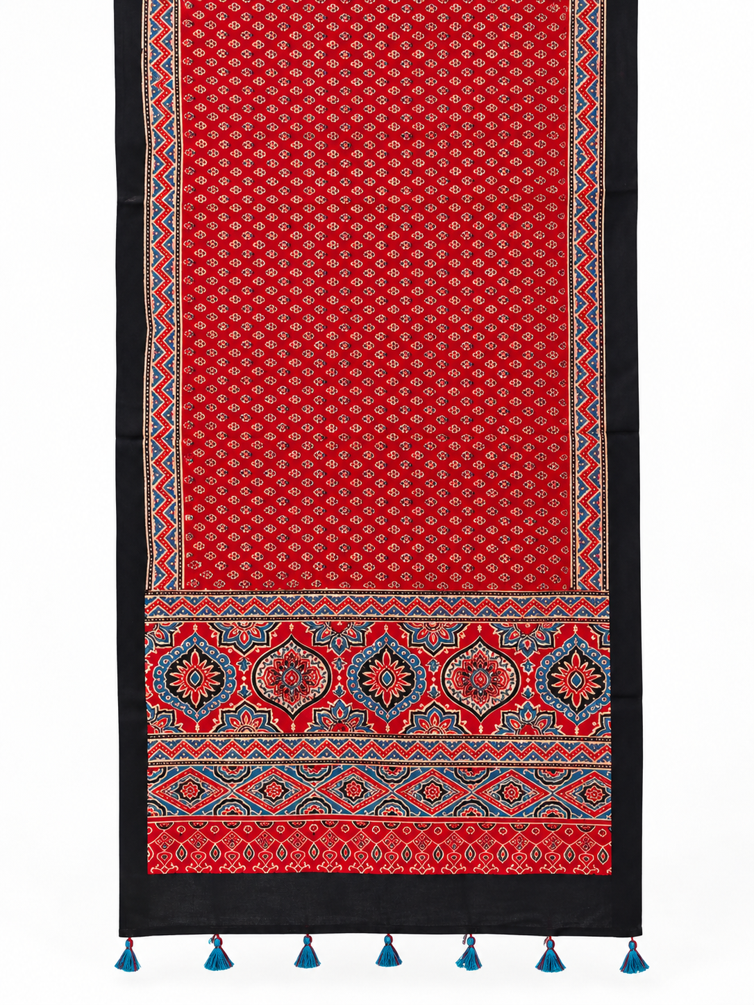 Naturalfab Women’s Red & Black Ajrakh Pure Modal Silk Stole with Tassels