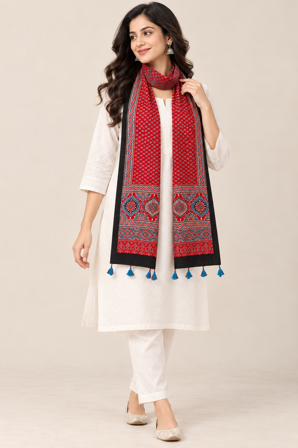 Naturalfab Women’s Red & Black Ajrakh Pure Modal Silk Stole with Tassels