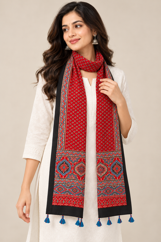 Naturalfab Women’s Red & Black Ajrakh Pure Modal Silk Stole with Tassels