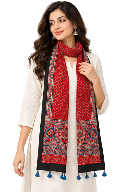 Naturalfab Women’s Red & Black Ajrakh Pure Modal Silk Stole with Tassels