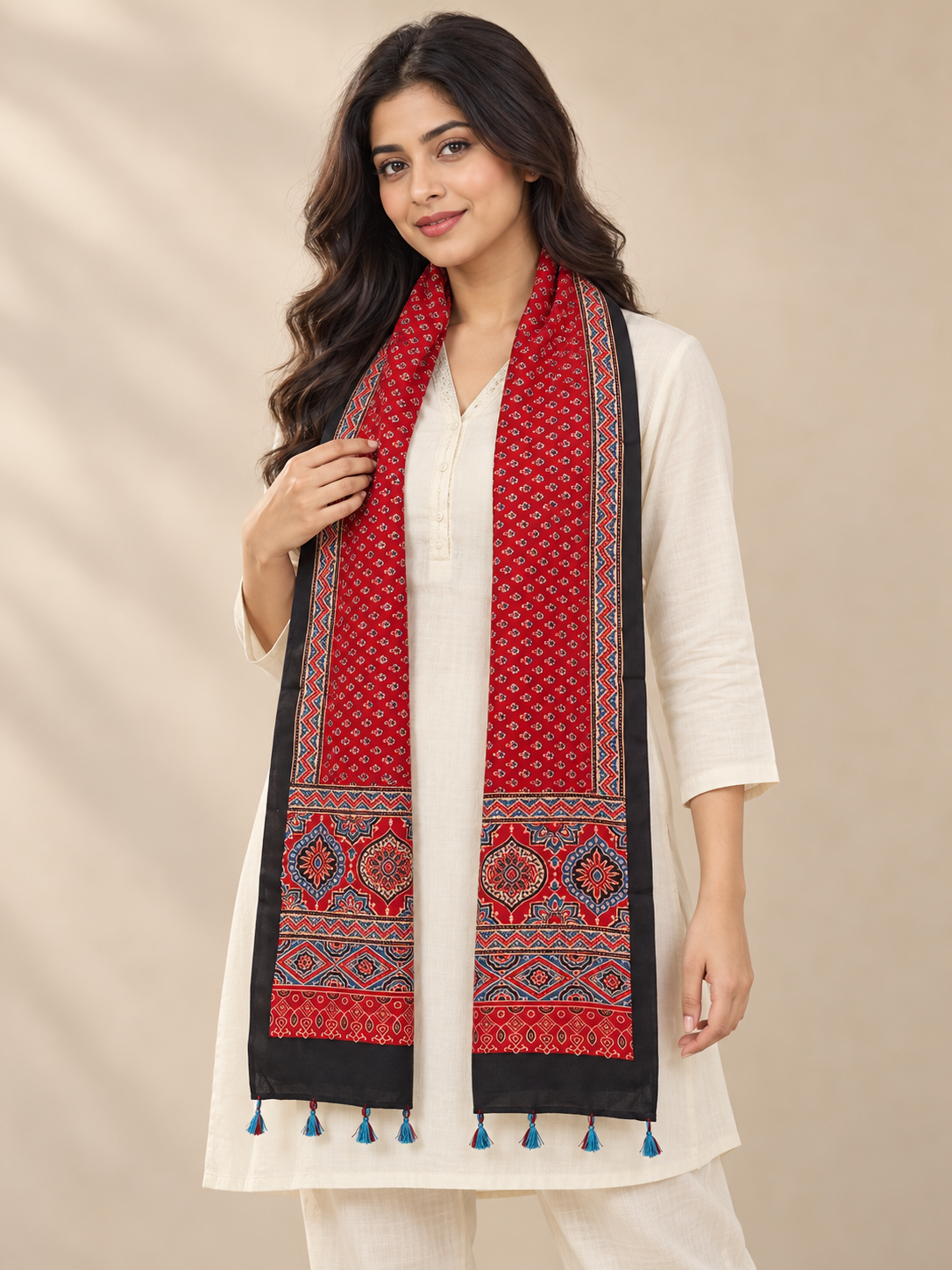 Naturalfab Women’s Red & Black Ajrakh Pure Modal Silk Stole with Tassels