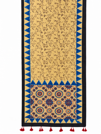 Naturalfab Women’s Beige & Indigo Ajrakh Pure Modal Silk Stole with Tassels