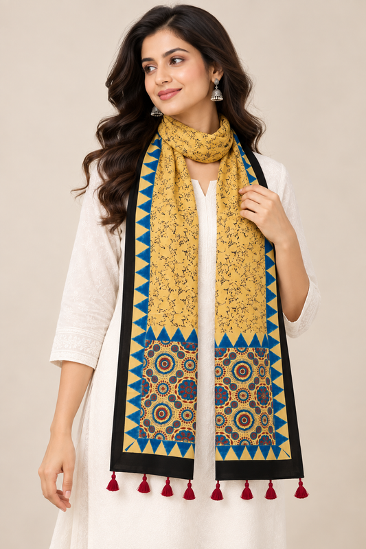 Naturalfab Women’s Beige & Indigo Ajrakh Pure Modal Silk Stole with Tassels